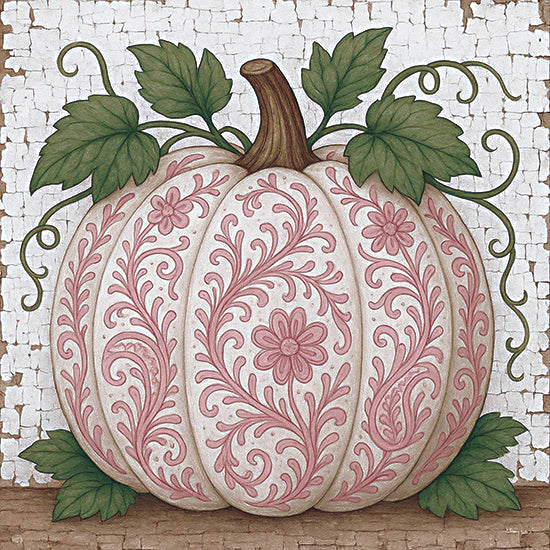 Anthony Smith ANT283 - ANT283 - Floral Pumpkin for Fall - 12x12 watercolor white pumpkin, pink floral scroll pattern, decorative gourd, farmhouse chic, vintage inspired design, autumn harvest decor, neutral fall palette, botanical leaves and vines, rustic background texture, seasonal still life, feminine decorative art, whimsical pattern pumpkin from Penny Lane