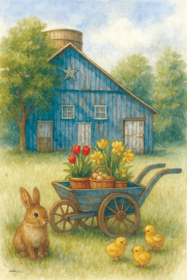 Anthony Smith ANT286 - ANT286 - The Bunny's Barnyard - 12x18 watercolor farm scene, blue barn, rabbit, chicks, wheelbarrow with flowers, tulips, daffodils, basket of eggs, spring countryside, pastoral landscape, farm animals, rural charm, Easter theme, nature painting, soft colors, trees and grass from Penny Lane