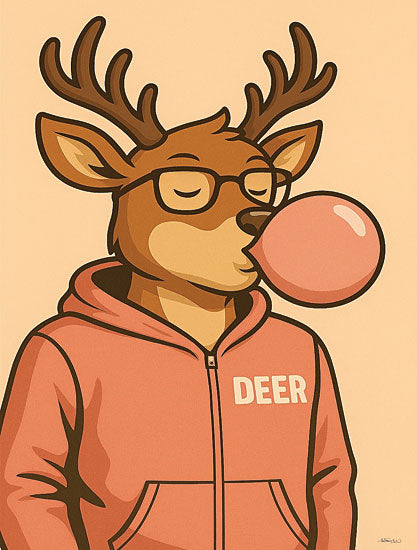 Anthony Smith ANT299 - Salem's Jack o'Lantern - 12x18 cartoon deer, antlers, hoodie, bubble gum, nerd glasses, funny character, playful, modern illustration, typography DEER, humorous animal, tween decor, whimsical, warm neutral background, graphic style, contemporary from Penny Lane