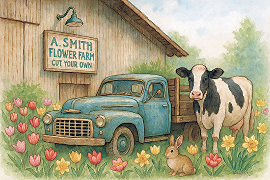 Anthony Smith ANT310 - ANT310 - A. Smith Flower Farm - for dailies - 18x12 farm truck, cow, bunny, tulips, rustic farm scene from Penny Lane