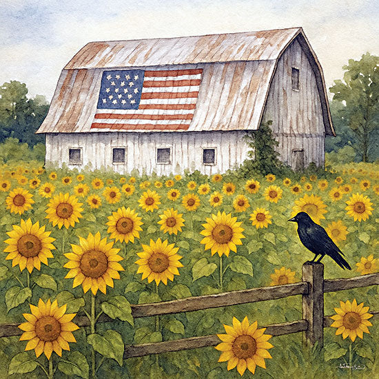 Anthony Smith ANT311 - ANT311 - Patriotic Barn in Bloom - for dailies - 12x12 barn, american flag, sunflowers, rustic farm, crow, fence, countryside, summer, patriotic decor from Penny Lane