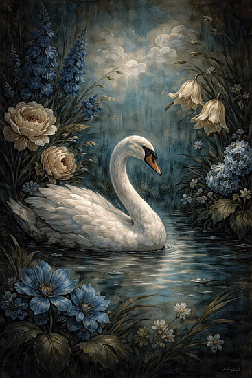 Anthony Smith ANT384 - ANT384 - Swan’s Secret Garden - 12x18 animals, botanical, landscape, birds, wildlife, floral, greenery, lakes, swan, water, reflections, roses, hydrangeas, bellflowers, moody, painterly, oil painting, blue from Penny Lane