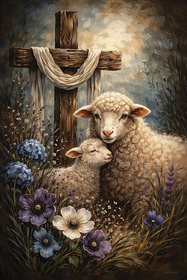 Anthony Smith ANT387 - ANT387 - Beneath the Cross - 12x18 religious & spiritual, animals, botanical, pets, floral, greenery, cross, sheep, lamb, flowers, hydrangea, lavender, meadow, painterly, moody, oil painting, neutral from Penny Lane
