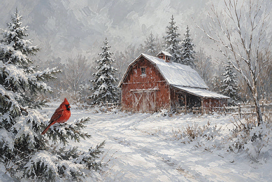 Anthony Smith ANT451 - ANT451 - Crimson in the Quiet - 18x12 animals, holidays & seasonal, landscape, birds, wildlife, winter, country, trees, cardinal, snowy branch, barn, pine trees, snow, winter scene, painterly, moody, oil painting, red from Penny Lane