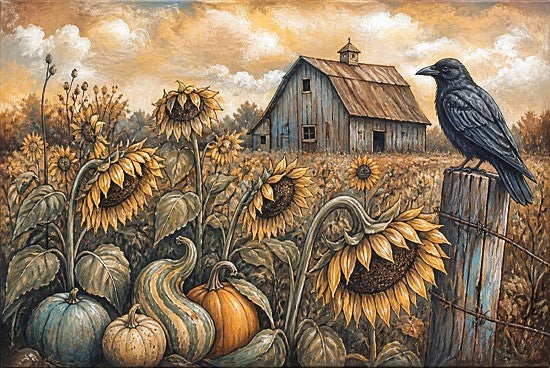 Anthony Smith ANT457 - ANT457 - Autumn Twilight - 18x12 animals, botanical, holidays & seasonal, landscape, food & drink, birds, floral, leaves, trees, fall, harvest, country, rural, sky, fruit & vegetables, crow, sunflower, pumpkin, gourd, barn, field, fence post, painterly, moody, oil painting, brown from Penny Lane