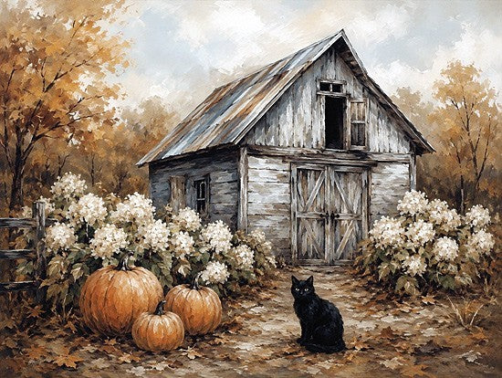 Anthony Smith ANT458 - ANT458 - Autumn at the Old Barn - 16x12 animals, botanical, holidays & seasonal, landscape, still life, pets, floral, leaves, trees, fall, halloween, harvest, country, black cat, pumpkins, barn, autumn leaves, hydrangea, rustic, vintage, painterly, oil painting, orange from Penny Lane