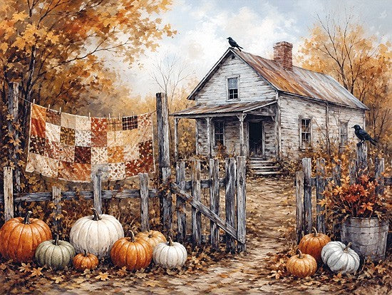 Anthony Smith ANT461 - ANT461 - Old Farmhouse in Autumn II - 16x12 holidays & seasonal, landscape, animals, home spaces, botanical, still life, fall, harvest, halloween, thanksgiving, country, trees, rural, birds, porch, leaves, fruit & vegetables, pumpkin, gourd, shack, fence, quilt, autumn leaves, crow, painterly, vintage, oil painting, orange from Penny Lane
