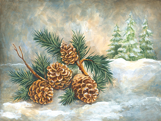 Diane Kater ART1390 - ART1390 - Winter Pinecones - 16x12 pinecones, evergreen branch, snowy field, winter trees, rustic scene, peaceful nature, natural tones from Penny Lane