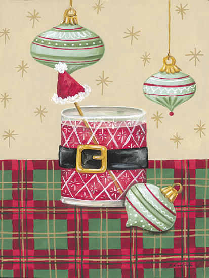 Diane Kater ART1409 - ART1409 - A Very Merry Cocktail - 12x16 Santa-themed mug, Christmas ornaments, red and green plaid tablecloth, holiday drink, festive design, cheerful Christmas decor, gold accents, modern Christmas art, Santa belt cup, cozy holiday vibes, winter celebration, bright holiday palette from Penny Lane