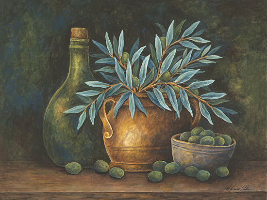 Diane Kater ART1428 - ART1428 - The Olive Harvest - 16x12 food & drink, still life, botanical, fruit & vegetables, leaves, olives, olive branch, bottle, pot, painterly, vintage, oil painting, green from Penny Lane