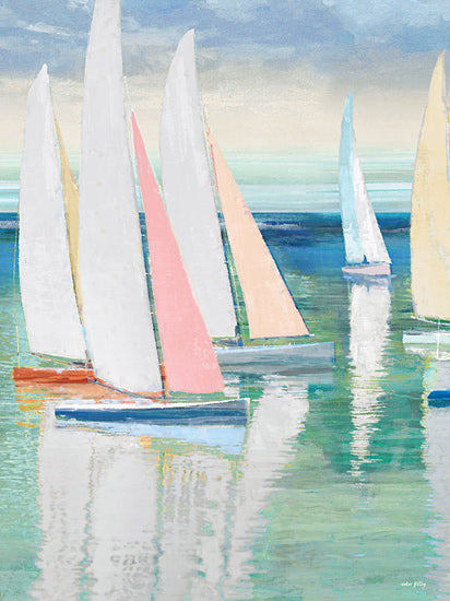 Amber Sterling AS336 - AS336 - Tranquil Waters II - 12x16 sailboats, sailboat fleet, sailing, coastal, ocean, sea, seascape, turquoise, aqua, mint water, pastel sails, tall sails, white sails, pink sail, peach sail, reflections, calm, horizon line, summer, nautical decor, beach, breezy, light, modern coastal, impressionist, painterly texture from Penny Lane