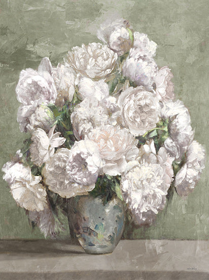 Amber Sterling AS380 - AS380 - Petal Poetry - 12x16 white peonies, peony bouquet, flowers, floral still life, vase, ceramic vase, romantic, feminine, soft sage background, neutral, shabby chic, cottage, spring, wedding, botanical, painterly, textured petals, elegant, calming decor from Penny Lane