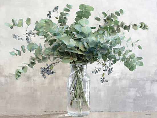 Amber Sterling AS381 - AS381 - Aromatic Eucalyptus - 16x12 eucalyptus, greenery, botanical, leaves, stems, berries, still life, glass jar, minimalist, neutral decor, modern farmhouse, airy, soft gray background, calming, simple, nature, foliage arrangement, painterly, contemporary from Penny Lane
