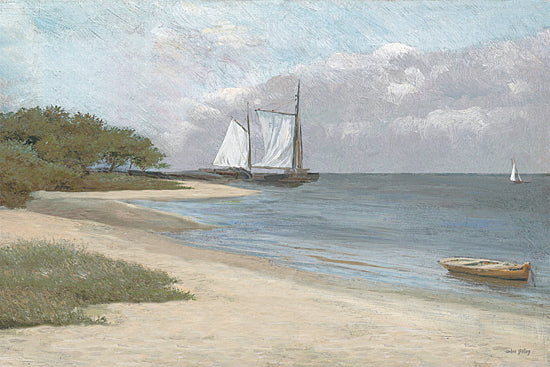 Amber Sterling AS552 - AS552 - A Quiet Harbor - 18x12 coastal beach painting, sailboat, boats, shoreline, sand dunes, calm water, nautical, seaside landscape, soft clouds, horizon, tranquil, painterly texture, summer coast, coastal decor, maritime from Penny Lane