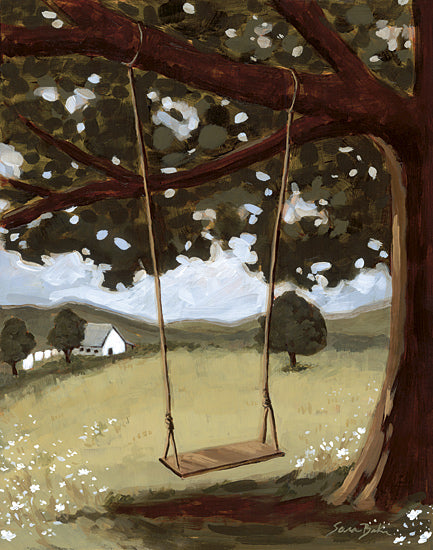 Sara Baker BAKE402 - BAKE402 - Peace From a Distance - 12x16 landscape, botanical, trees, rural, swing, meadow, distant house, white flowers, painterly, whimsical, acrylic, brown from Penny Lane