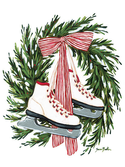 Sara Baker BAKE403 - BAKE403 - Holidays at Home I - 12x16 holidays & seasonal, hobbies & entertainment, winter, christmas, sports, ice skates, wreath, evergreen, ribbon, decorative, whimsical, watercolor, green from Penny Lane