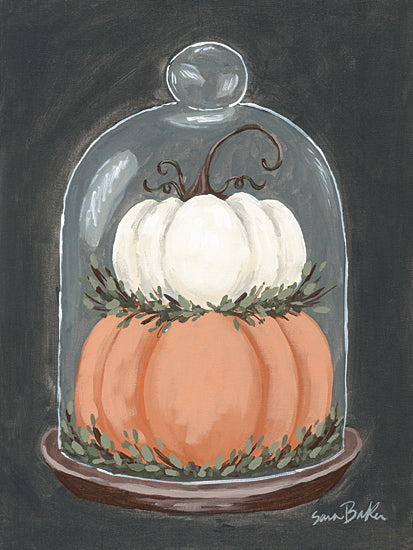 Sara Baker BAKE408 - BAKE408 - Vintage Pumpkins   - 12x16 pumpkins under glass cloche, white pumpkin, orange pumpkin, autumn decor, fall still life, moody background, rustic farmhouse, harvest, greenery accents, neutral fall palette, seasonal decor, hand painted, brush strokes, Thanksgiving decor, Halloween neutral, cozy from Penny Lane
