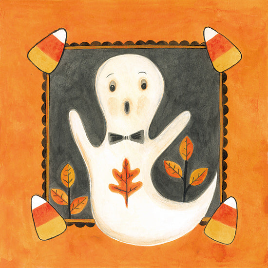 Bernadette Deming BER1508 - BER1508 - Boo Ghost - 12x12 friendly white ghost, candy corn corners, orange background, whimsical halloween art, bow tie ghost, autumn leaves, playful seasonal illustration, folk style holiday decor from Penny Lane