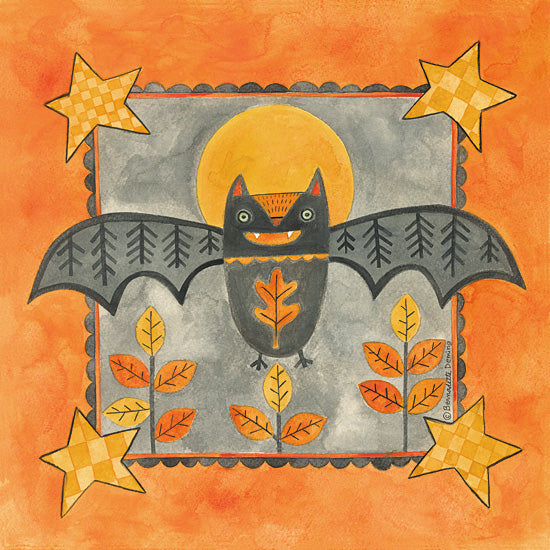 Bernadette Deming BER1511 - BER1511 - Fall Bat - 12x12 cute black bat, full moon, orange background, autumn leaves and stars, whimsical halloween illustration, folk art style, playful spooky decor, seasonal nursery art from Penny Lane
