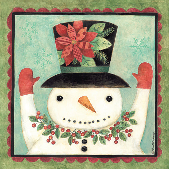 Bernadette Deming BER1542 - BER1542 - Snowman with Top Hat - 12x12 holidays & seasonal, botanical, christmas, winter, floral, greenery, snowman, poinsettia, holly, red mittens, top hat, scalloped border, decorative, whimsical, mixed media, multicolor from Penny Lane