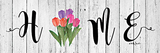Billy Jacobs BJ1402 - BJ1402 - HOME - Spring - 36x12 home sign with pink and purple tulips, whitewashed wood planks, rustic farmhouse typography, spring floral accent, neutral background, decorative wall sign, country word art from Penny Lane