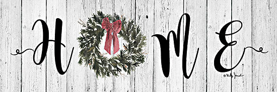 Billy Jacobs BJ1405 - BJ1405 - HOME - Winter - 36x12 home sign with evergreen christmas wreath and red bow, whitewashed wood planks, rustic farmhouse typography, holiday wall sign, seasonal country decor, neutral wood background from Penny Lane