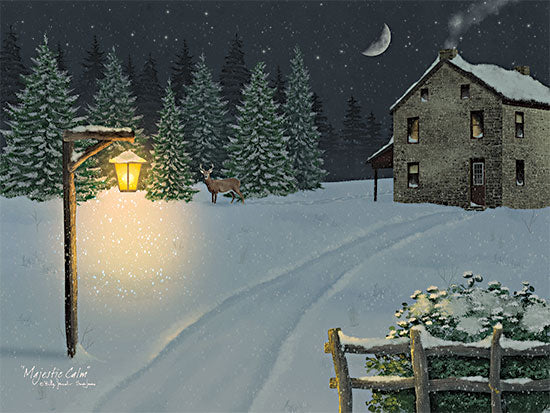 Billy Jacobs BJ1406 - BJ1406 - Majestic Calm - 16x12 snowy farmhouse at night, glowing lantern, deer in snow, pine trees, crescent moon, winter country landscape, rustic house, peaceful holiday scene, painterly snowfall from Penny Lane