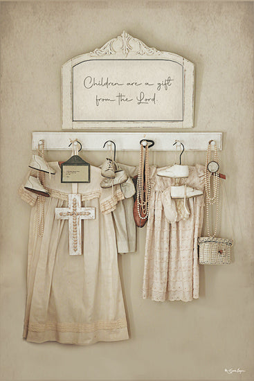 Susie Boyer BOY816 - BOY816 - Children Are a Gift - 12x18 vintage wall hook rack, inspirational quote, Children are a gift from the Lord, farmhouse decor, shabby chic, neutral tones, hanging dresses, lace, pearls, baby shoes, cross, religious, feminine, nursery decor, heirloom, still life, wall art, rustic vintage, soft pastel from Penny Lane