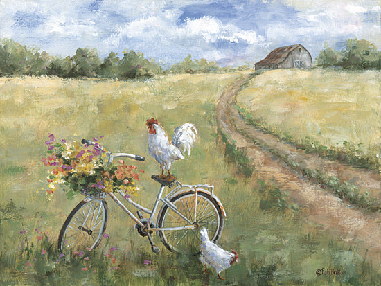 Pam Britton BR650 - BR650 - Farm Bike - 16x12 white bicycle with flower basket, rooster on bicycle seat, chicken in grass, sunny farm field, dirt path to barn, whimsical rural painting, colorful country scene from Penny Lane