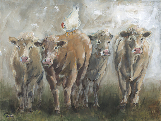Pam Britton BR653 - BR653 - A Wild Ride - 16x12 group of cows walking forward, white chicken perched on cow, playful barnyard scene, farm animal painting, rustic country art, expressive brush strokes, neutral earthy palette from Penny Lane