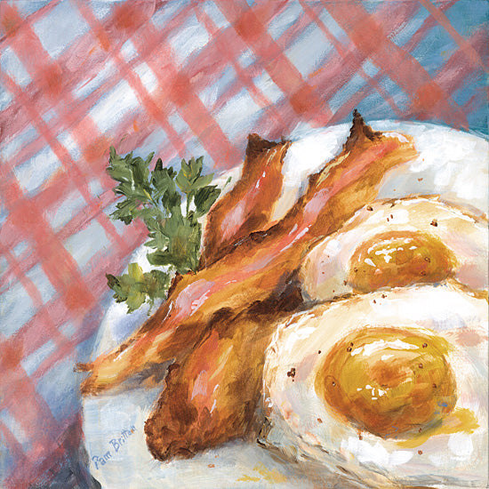 Pam Britton BR696 - BR696 - Sunny Side Up - 12x12 still life, backgrounds & patterns, bacon, eggs, breakfast, plaid, checkered, painterly, contemporary, acrylic, multicolor from Penny Lane
