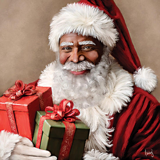 Ashley Bradley BRAD354 - BRAD354 - Gifted Cheer - 12x12 holidays & seasonal, figurative, christmas, santa, african american, black santa, gifts, presents, festive, painterly, oil painting, red from Penny Lane