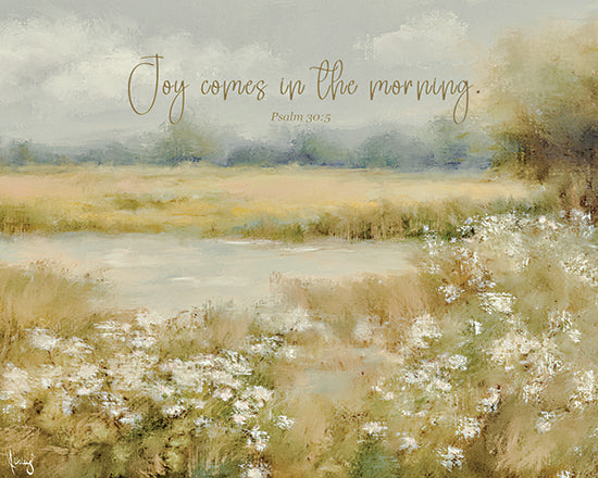Ashley Bradley BRAD360 - BRAD360 - Joy in the Morning - 16x12 landscape, botanical, typography, religious & spiritual, country, rural, sky, floral, greenery, inspirational, word art, meadow, wildflowers, field, morning, clouds, pond, nature, painterly, moody, oil painting, neutral from Penny Lane