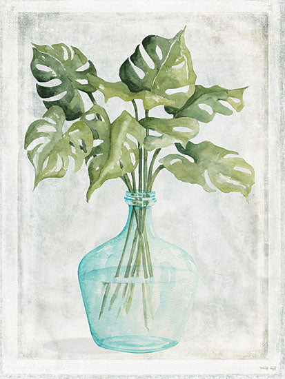 Cindy Jacobs CIN3229 - CIN3229 - Perfect Palms II - 12x16 monstera leaves, tropical foliage, green botanical, watercolor painting, glass vase, mint green vase, indoor plant, houseplant, minimal still life, modern farmhouse decor, soft wash background, neutral wall, greenery arrangement, nature art, calming spa aesthetic from Penny Lane