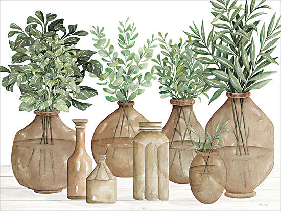 Cindy Jacobs CIN4015 - CIN4015 - Amber Vases - 16x12 watercolor greenery still life; amber glass vases; assorted leafy stems; eucalyptus and olive branches; botanical arrangement; neutral earth tones; tabletop decor; modern farmhouse styling; rustic home accents; simple organic composition; indoor plant illustration; natural minimalist art from Penny Lane