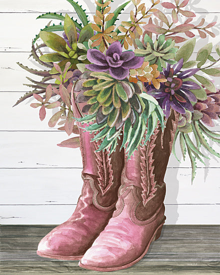 Cindy Jacobs CIN4232 - CIN4232 - Cowgirl Succulents II - 12x16 cowgirl boots with flowers, rustic western decor, succulents and greenery, purple bouquet in boots, country farmhouse art, whimsical flower arrangement from Penny Lane
