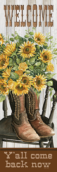 Cindy Jacobs CIN4292 - CIN4292 - Welcome Boots - 12x36 Western, Welcome, Y'all Come Back Now, Typography, Signs, Textual Art, Cowboy Boots, Flowers, Sunflowers, Fall, Chair, Wood Plank Background from Penny Lane