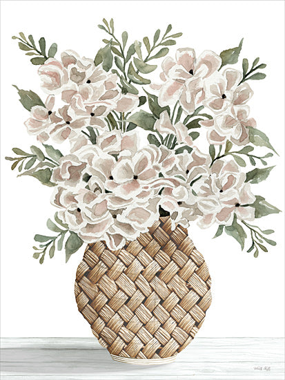Cindy Jacobs CIN4330 - CIN4330 - Crisscross Hydrangeas - 12x16 watercolor blush floral arrangement; woven basket vase; soft pink cream blossoms; hydrangea and garden roses; eucalyptus sprigs; cottage farmhouse floral; neutral romantic palette; tabletop flower art; feminine botanical decor; rustic woven texture; airy floral still life; shabby chic style from Penny Lane