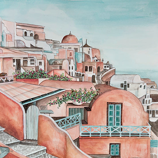 Cindy Jacobs CIN4380 - CIN4380 - Apoikia - 12x12 Santorini Greece, Mediterranean coastal village, pink and white buildings, domes and rooftops, seaside cliff, coastal architecture, travel destination, pastel watercolor, landscape cityscape, Greek islands, turquoise sky, scenic view, European town from Penny Lane