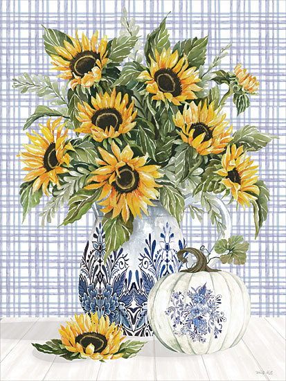 Cindy Jacobs CIN4396 - CIN4396 - Sunflower Blues - 12x16 sunflowers, blue and white ceramic vase, chinoiserie pattern, plaid background, farmhouse floral, autumn decor, pumpkin, white pumpkin, still life, watercolor illustration, rustic kitchen art, botanical bouquet, seasonal harvest, cottagecore from Penny Lane