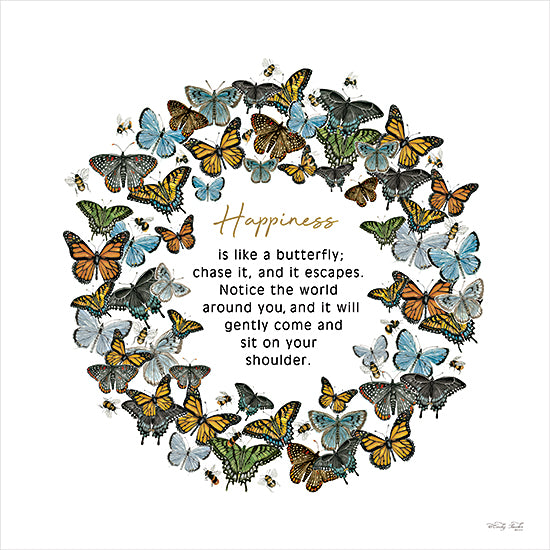 Cindy Jacobs CIN4432 - CIN4432 - Happiness Is Butterfly Wreath - 12x12 butterfly wreath, butterflies and bees, inspirational quote, happiness is like a butterfly, nature illustration, insects, colorful wings, watercolor, whimsical, motivational wall art, word art, circular wreath design from Penny Lane