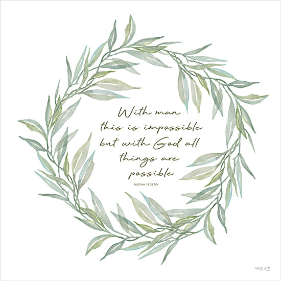 Cindy Jacobs CIN4439 - CIN4439 - With God All Things Are Possible Wreath - 12x12 watercolor leafy wreath, olive branch style greenery, soft sage and mint leaves, circular botanical frame, minimalist white background, Christian Bible verse art, Matthew 19:26 NIV, faith quote typography, hand-lettered script, inspirational religious decor, calming green palette, modern farmhouse/neutral style wall print from Penny Lane