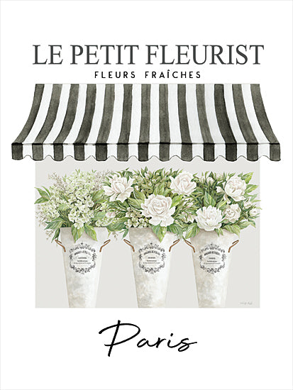 Cindy Jacobs CIN4442 - CIN4442 - Le Petit Fleurist - 12x16 watercolor Paris florist sign, 'Le Petit Fleurist' French typography, black-and-white striped awning, fresh flower shop storefront, white roses and hydrangeas in flower buckets, shabby chic French decor, neutral soft greens, Paris script lettering, boutique market aesthetic, vintage European wall art, farmhouse French country style from Penny Lane