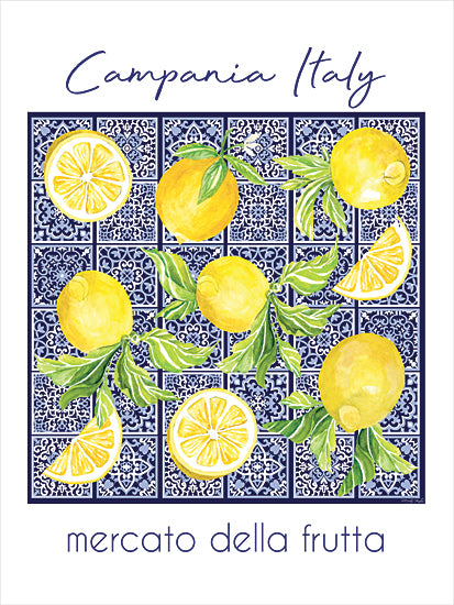 Cindy Jacobs CIN4445 - CIN4445 - Campania, Italy - 12x16 watercolor lemons on blue tile pattern, Campania Italy typography, mercato della frutta (fruit market), sliced lemon and lemon wedges, citrus with leaves, Mediterranean coastal kitchen decor, blue-and-white ceramic tile motif, Italian travel vibe, bright yellow fruit, summer fresh produce, farmhouse kitchen wall art from Penny Lane