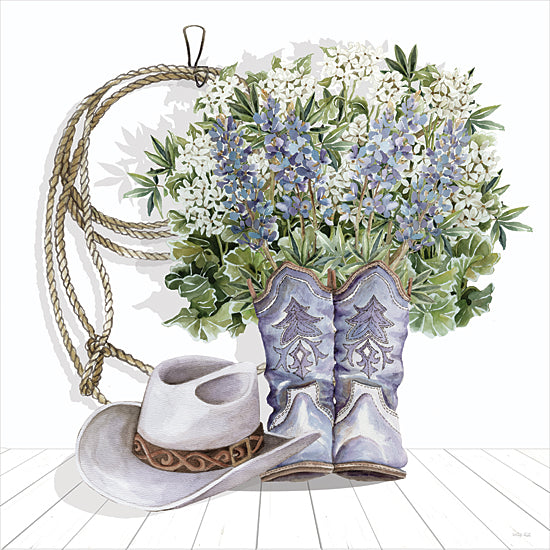 Cindy Jacobs CIN4470 - CIN4470 - Lavender Rodeo - 12x12 cowboy hat and boots with flowers, floral arrangement in boots, rope lasso, western still life, rustic farmhouse, watercolor illustration, country chic decor, cowgirl theme, spring flowers, bluebonnets, greenery, white wood floor background from Penny Lane