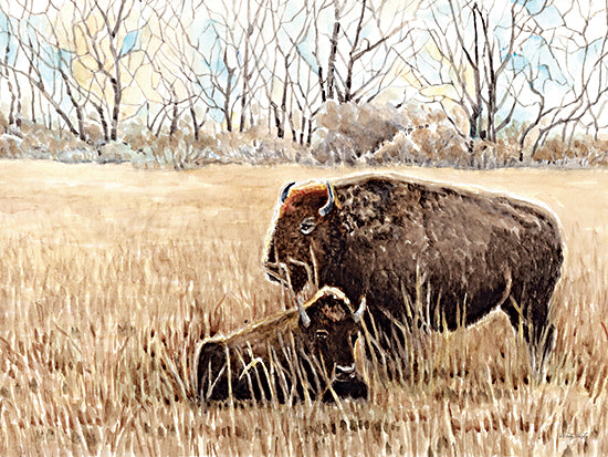 Cindy Jacobs CIN4487 - CIN4487 - Tatanka in Winter - 16x12 bison in field, buffalo cow and calf, wildlife scene, prairie landscape, watercolor painting, rustic lodge decor, nature, neutral tones, outdoors, western wildlife art from Penny Lane