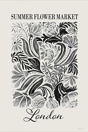 Cindy Jacobs CIN4498 - CIN4498 - Summer Flower Market - London - 12x18 summer flower market, London, black and white floral illustration, watercolor gouache, folk art botanical, hand-painted flowers and foliage, decorative poster, serif headline text, cursive script city name, neutral background, modern farmhouse wall decor, vintage-inspired typography, floral pattern motif from Penny Lane