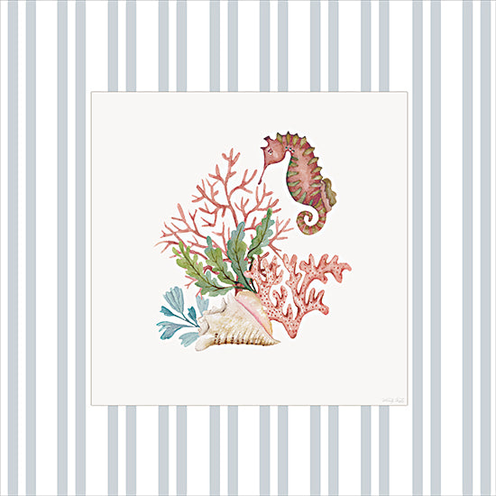 Cindy Jacobs CIN4512 - CIN4512 - Ocean Treasures V - 12x12 coastal watercolor vignette, seahorse, coral branches, seashell, seaweed, ocean plants, marine life illustration, beach cottage decor, light blue striped background, framed white mat, summer nautical theme, hand-painted watercolor from Penny Lane