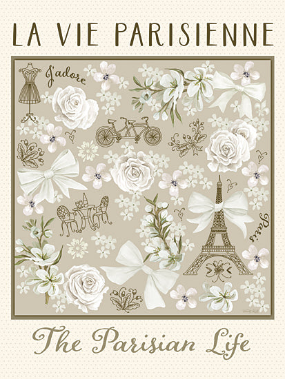 Cindy Jacobs CIN4619 - CIN4619 - There is Only One Paris - 12x16 Parisian life, 'La Vie Parisienne', 'The Parisian Life', Eiffel Tower, French themed collage, white roses, soft sage green background, watercolor florals, bows, bicycle, dress form, café chairs and table, romantic France decor, vintage Paris style, shabby chic wall art, travel theme, feminine French typography from Penny Lane