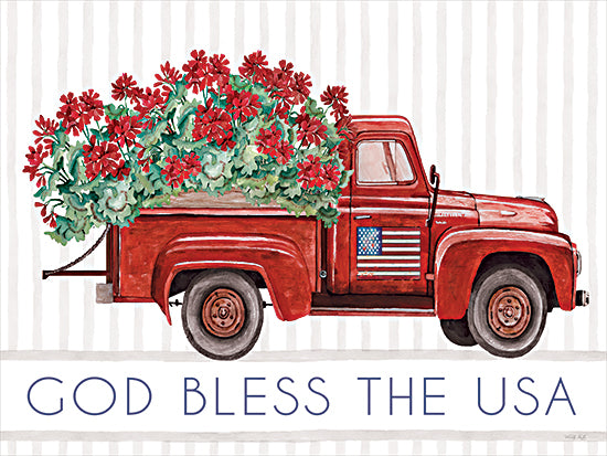 Cindy Jacobs CIN4667 - CIN4667 - God Bless the USA - 16x12 Red truck, vintage pickup, American flag, patriotic flowers, watercolor art, rustic Americana, God Bless the USA typography from Penny Lane